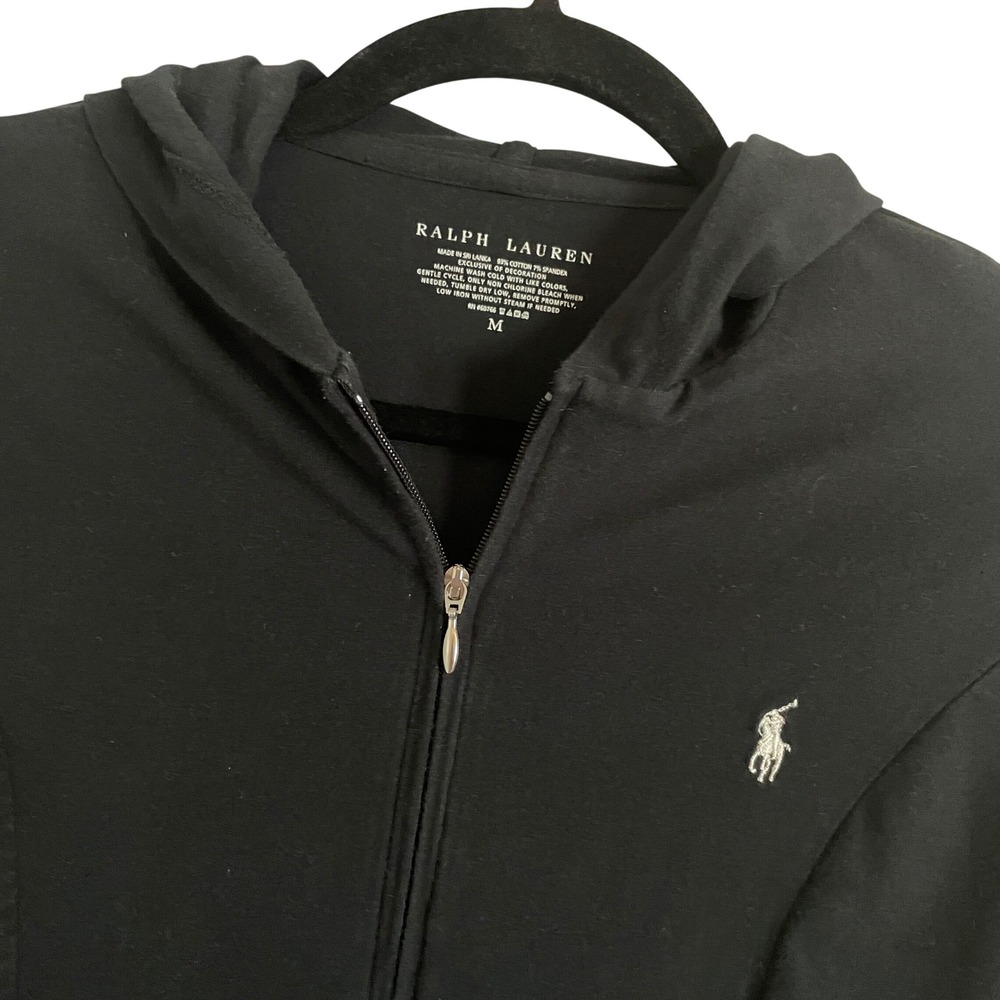 Ralph Lauren Zip Hoodie Womens Medium Black Pony Logo Classic Athleisure‎ Cotton